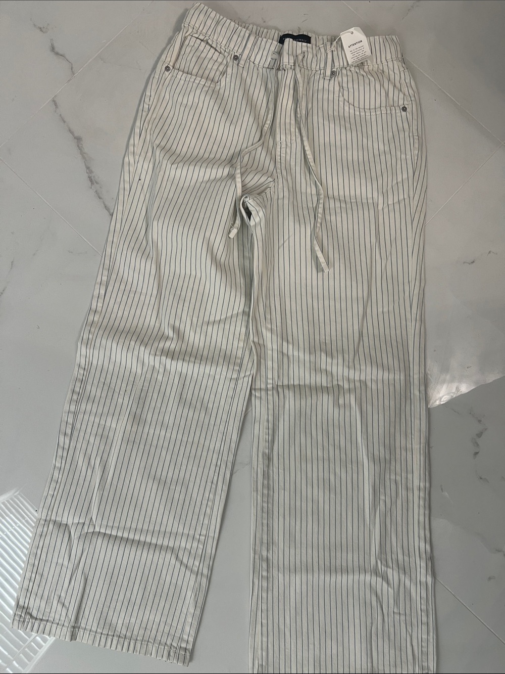Men's White Pinstripe Drawstring Chinos